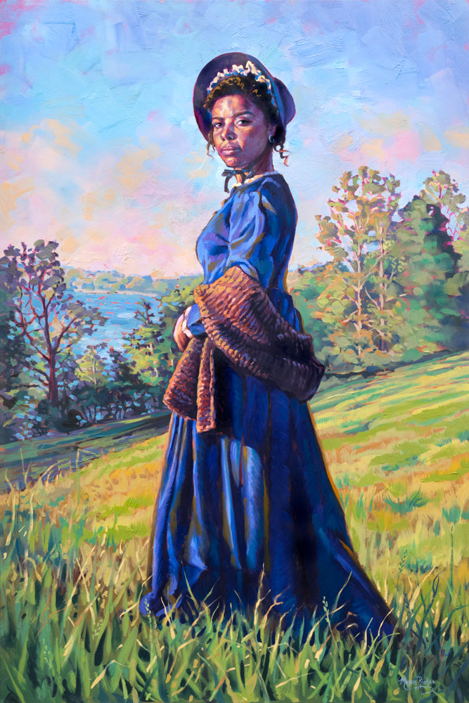 Jane Manning James in a blue dress standing on a hill.