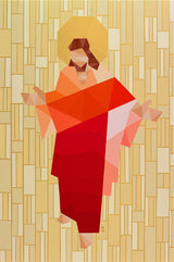 An acrylic painting on wood panel of Christ in a red robe with arms open wide, his entire figure composed of angular geometric fragments like a stained glass mosaic, with a golden octagonal halo and a cream and gold tile-patterned background.