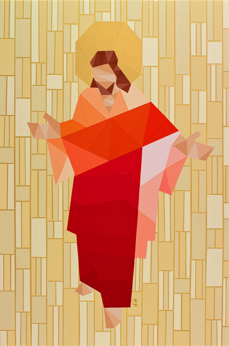 An acrylic painting on wood panel of Christ in a red robe with arms open wide, his entire figure composed of angular geometric fragments like a stained glass mosaic, with a golden octagonal halo and a cream and gold tile-patterned background.