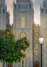 Photograph of the Salt Lake Temple's stone facade with the carved inscription 'Holiness to the Lord, the House of the Lord' near the top, a flowering pink tree and a lamppost in the foreground.