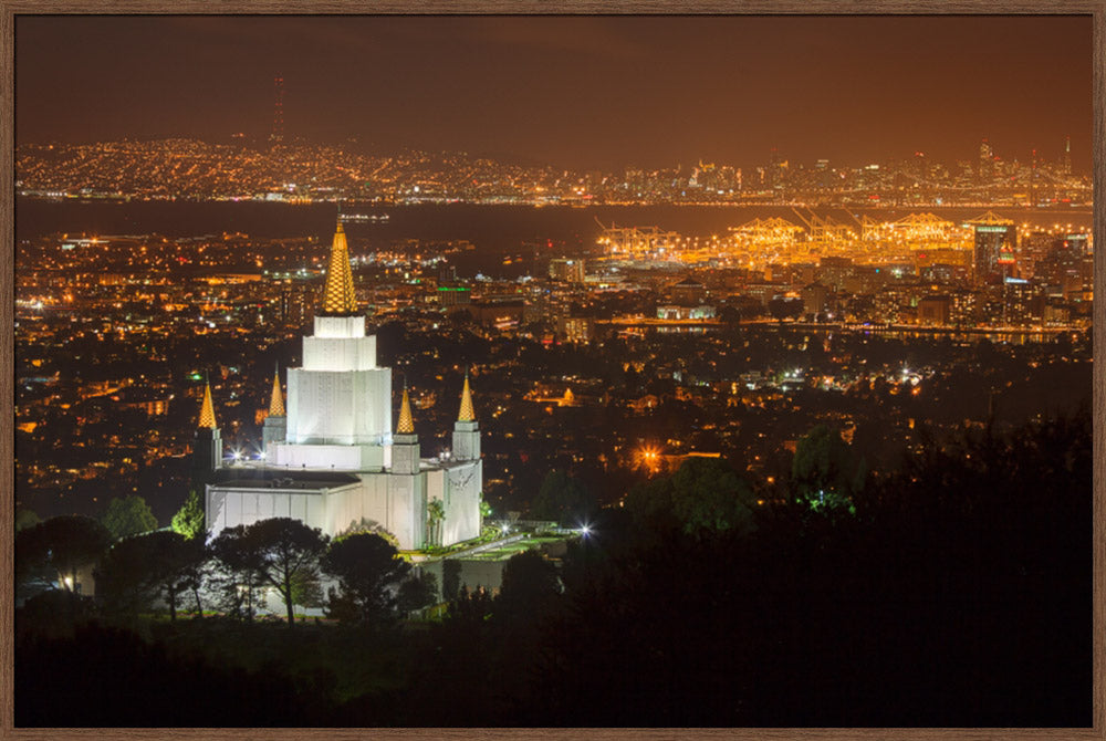 Oakland Temple - Night with Bay by Robert A Boyd