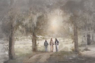 Jesus Christ and two disciples on the road to Emmaus.