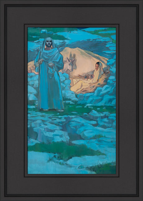 Mary, baby Jesus and donkey in rock structure while Joseph stands and keeps watch.