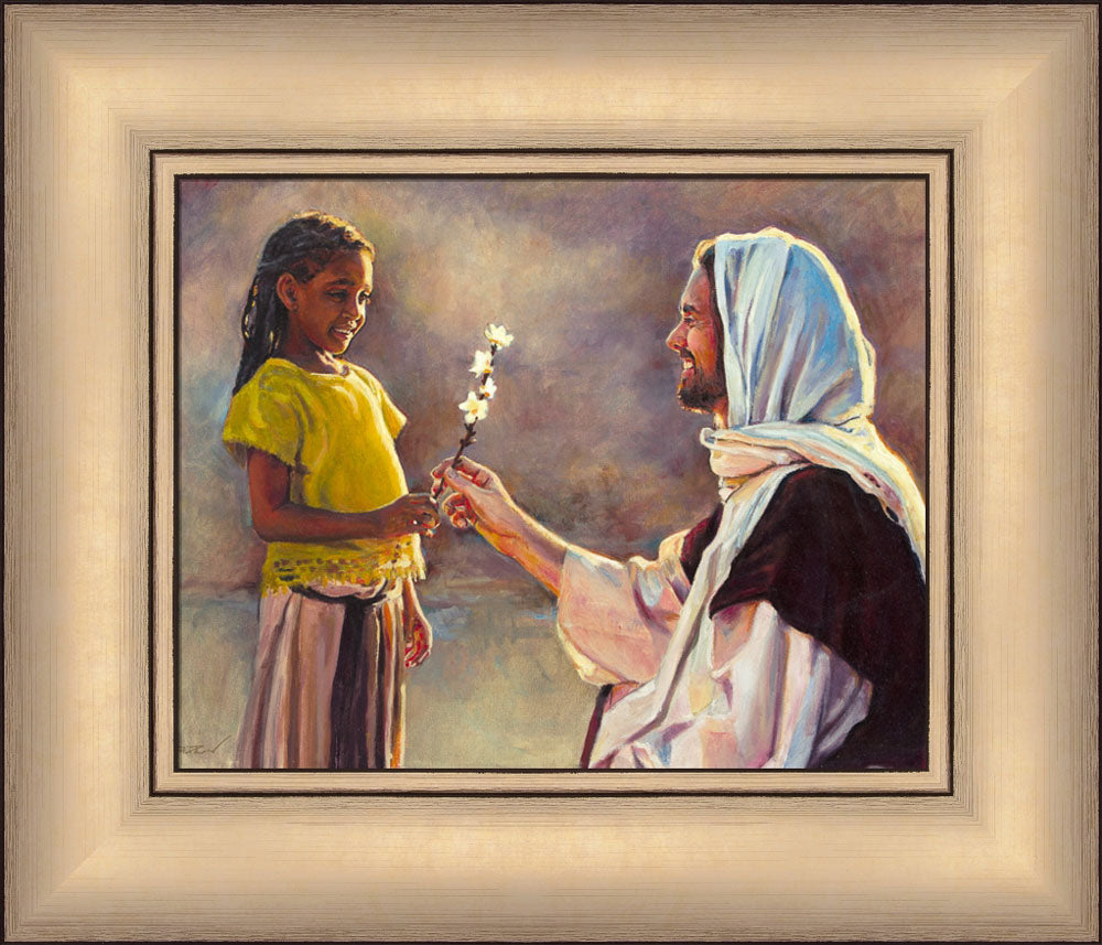 A little girl handing a flower to Jesus.