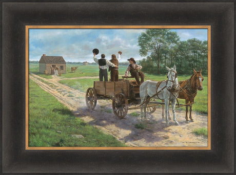 Heber C. Kimball, Brigham Young and Orson F. Whitney shout from a wagon. Art 14