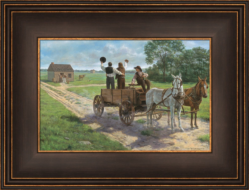 Heber C. Kimball, Brigham Young and Orson F. Whitney shout from a wagon. Art 15