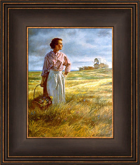 A pioneer women holding a basket of wildflowers in a field with a covered wagon in the background. Art 4