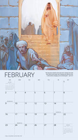 February 2025 calendar page showcasing ‘Living Waters’ by Rose Datoc Dall, depicting Jesus stepping out, symbolizing hope and renewal.