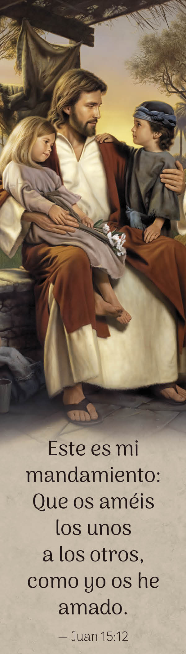 Jesus sitting with a boy and girl under a canopy teaching them.