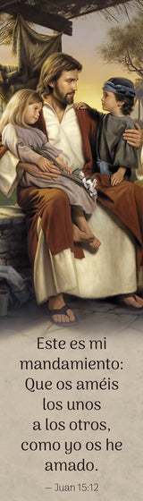 Jesus sitting with a boy and girl under a canopy teaching them.