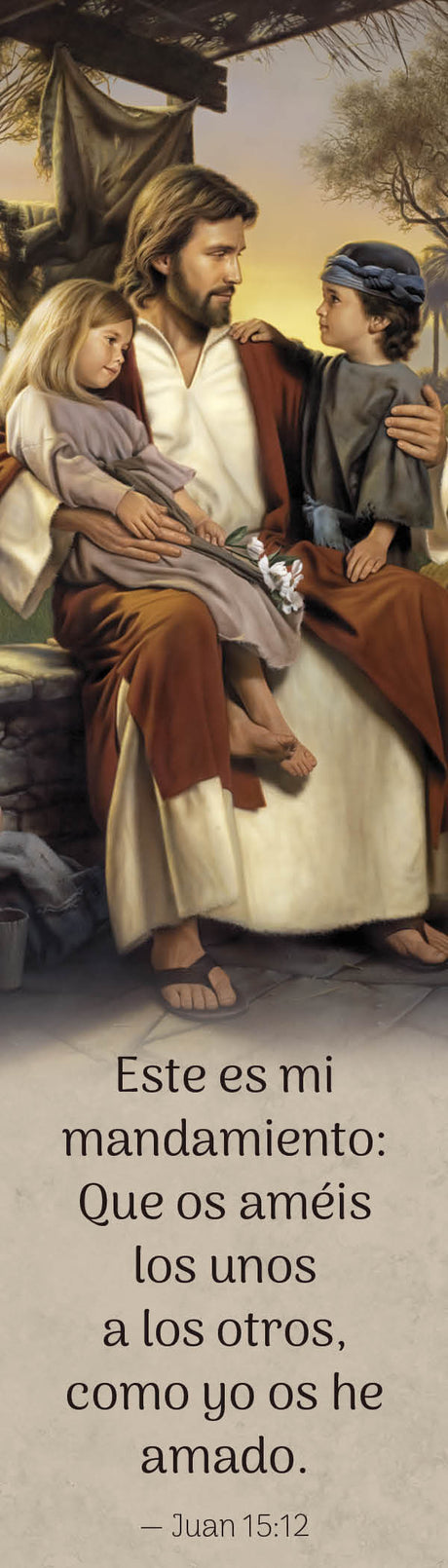 Jesus sitting with a boy and girl under a canopy teaching them.