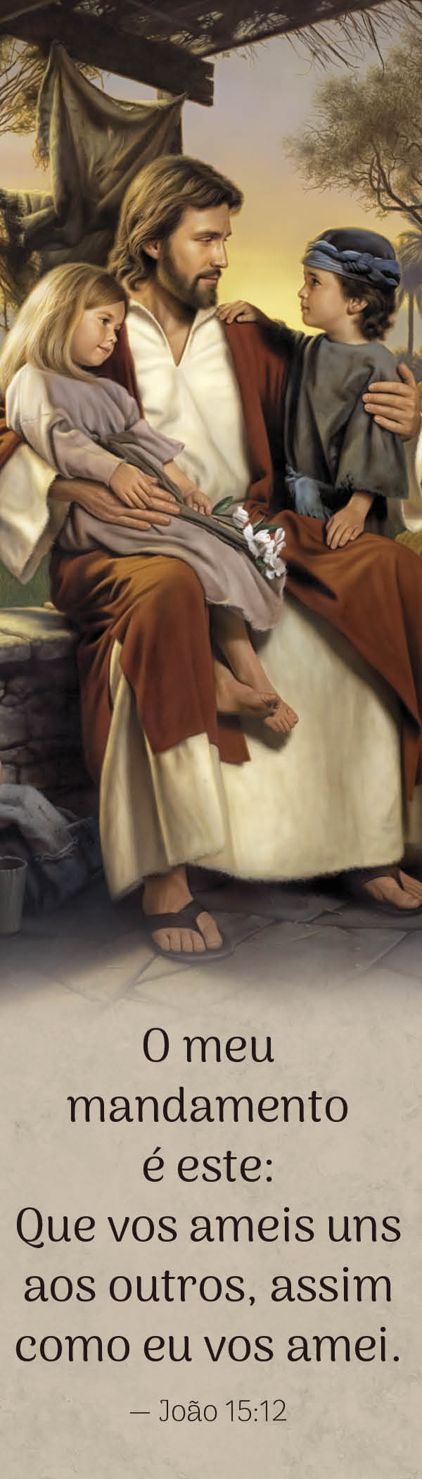 Jesus sitting with a boy and girl under a canopy teaching them.