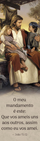 Jesus sitting with a boy and girl under a canopy teaching them.