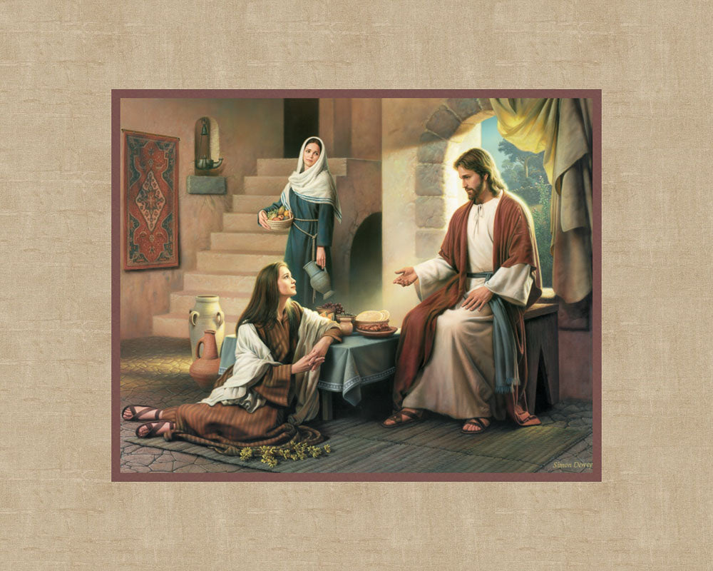 Jesus sitting in a home with Mary and Martha teaching them.