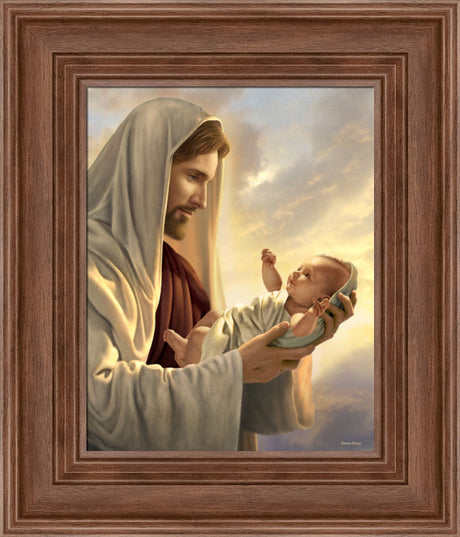 Christ looking at a newborn baby he is holding in his arms.