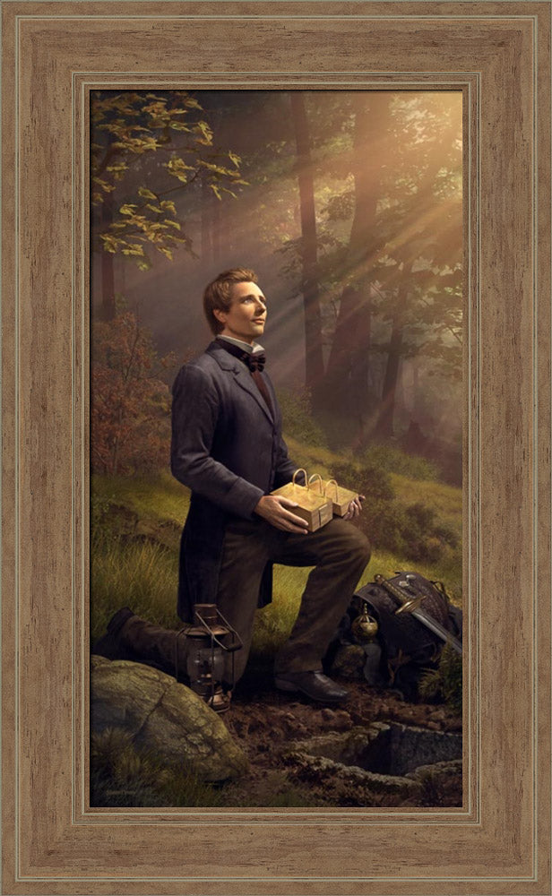 Joseph Smith handles the gold plates and artifacts at the hill Cumorah. Art 22