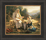 The Samaritan woman kneels beside the well as Jesus teaches her.