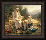 The Samaritan woman kneels beside the well as Jesus teaches her.