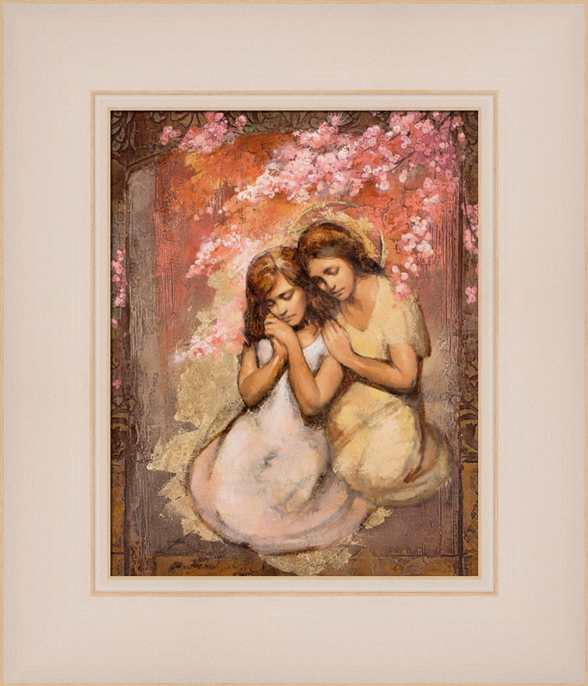 A women praying and being comforted by an angel.