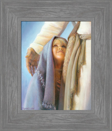 Young girl looking up at Jesus who has his arm around her for comfort