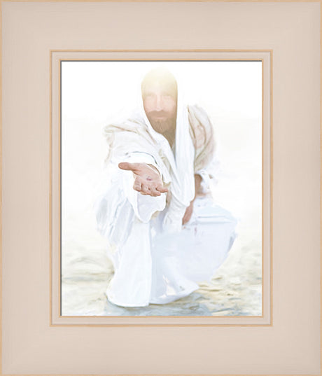 Jesus smiling gently and reaching out His hand toward the viewer.