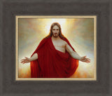 Jesus wearing a red robe with arms stretched out and light behind him.
