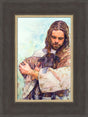 Jesus Christ holding a black sheep.