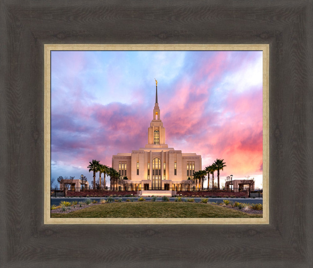 The Red Cliffs Utah Temple with pink clouds.