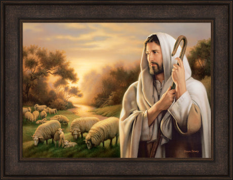 Christ is the good shepherd watching over his sheep in the setting sun.