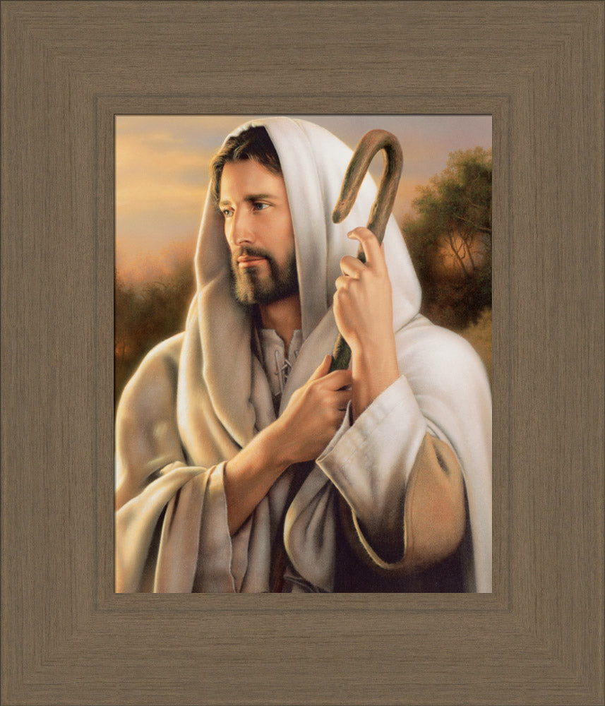 Portrait of Jesus as the good shepherd, holding a shepherds staff.