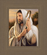 Portrait of Jesus as the good shepherd, holding a shepherds staff.