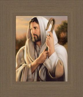 Portrait of Jesus as the good shepherd, holding a shepherds staff.