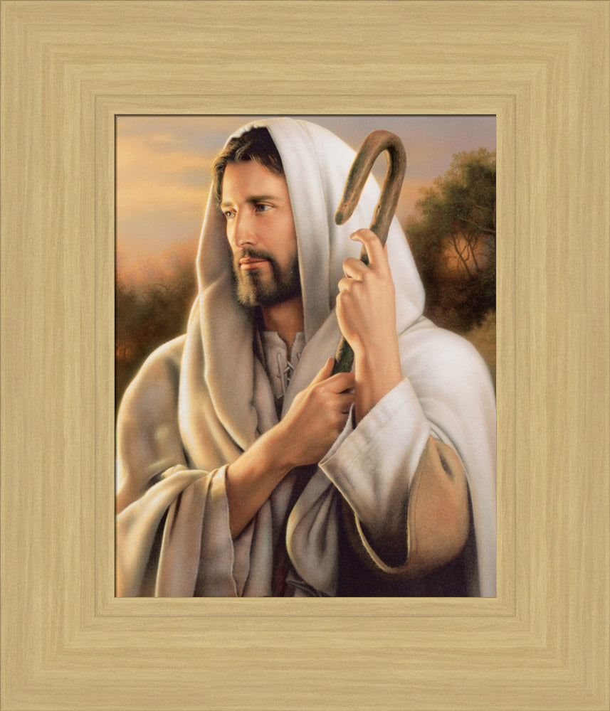 Portrait of Jesus as the good shepherd, holding a shepherds staff.