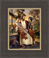 Jesus sitting with a boy and girl under a canopy teaching them.