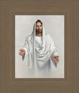 Jesus dressed in white robes with his arms outstretched to welcome us.
