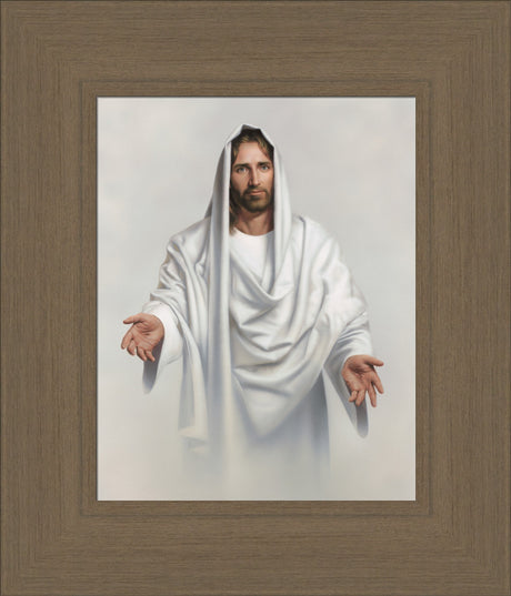 Jesus dressed in white robes with his arms outstretched to welcome us.
