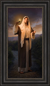 Christ standing on a path and holding up his lamp inviting us to follow him.