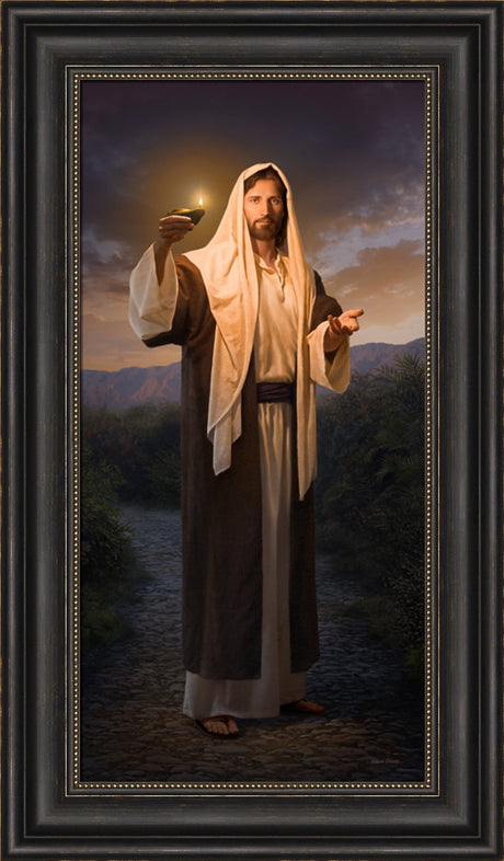 Christ standing on a path and holding up his lamp inviting us to follow him.