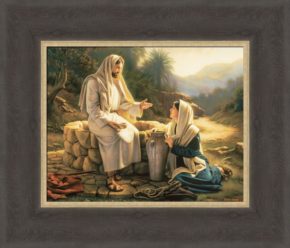 The Samaritan woman kneels beside the well as Jesus teaches her.