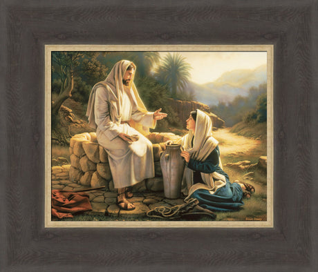 The Samaritan woman kneels beside the well as Jesus teaches her.