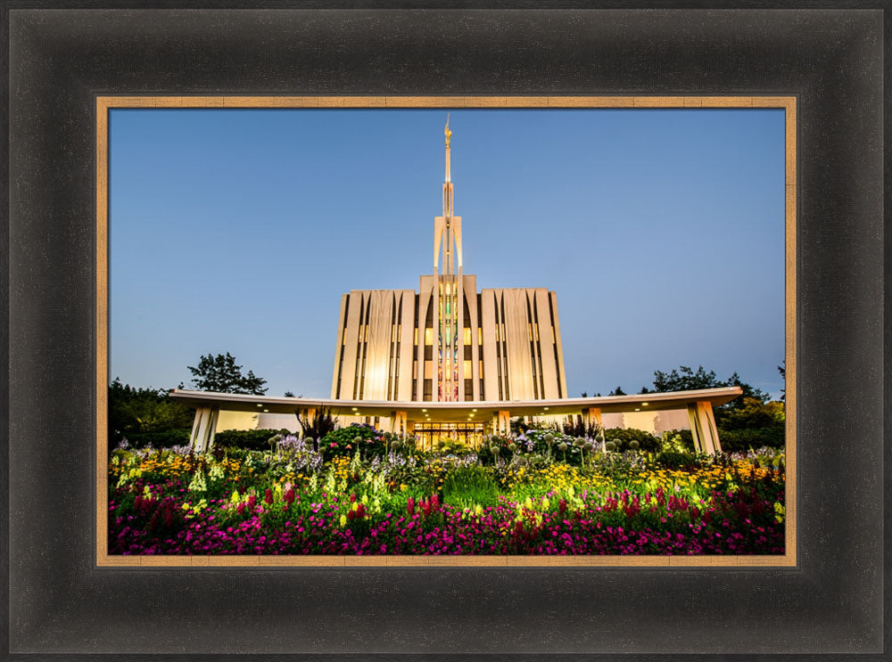 Seattle Temple - Sunset with Flowers by Scott Jarvie