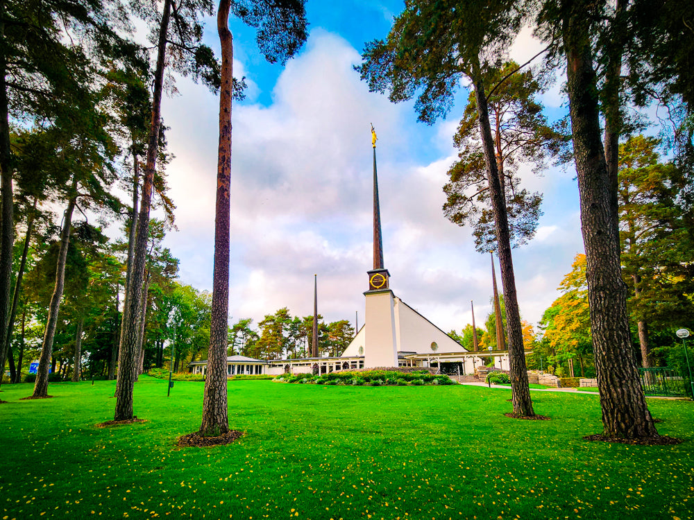 The Stockholm Sweden Temple between the trees.