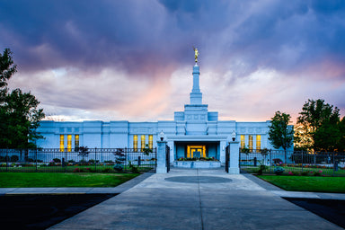The Medford Oregon Temple at sunset.