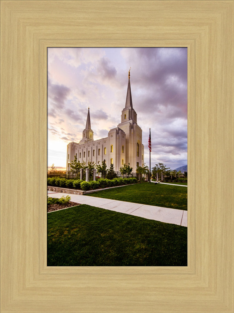 Brigham City Temple -Sunset and Flag by Scott Jarvie