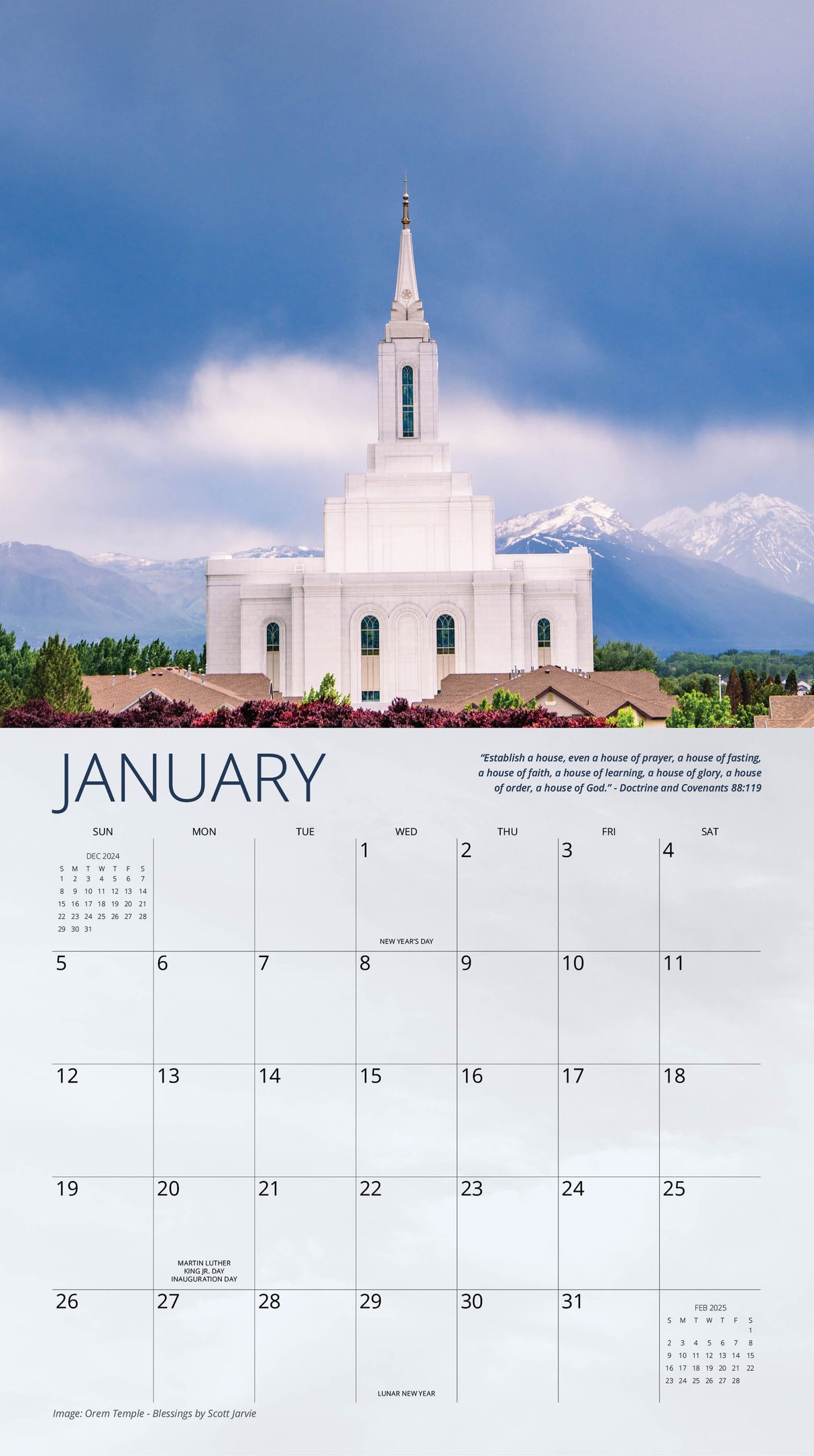 January 2025 calendar page showcasing the Orem Utah Temple against a backdrop of mountains and cloudy sky, featuring scripture detail.