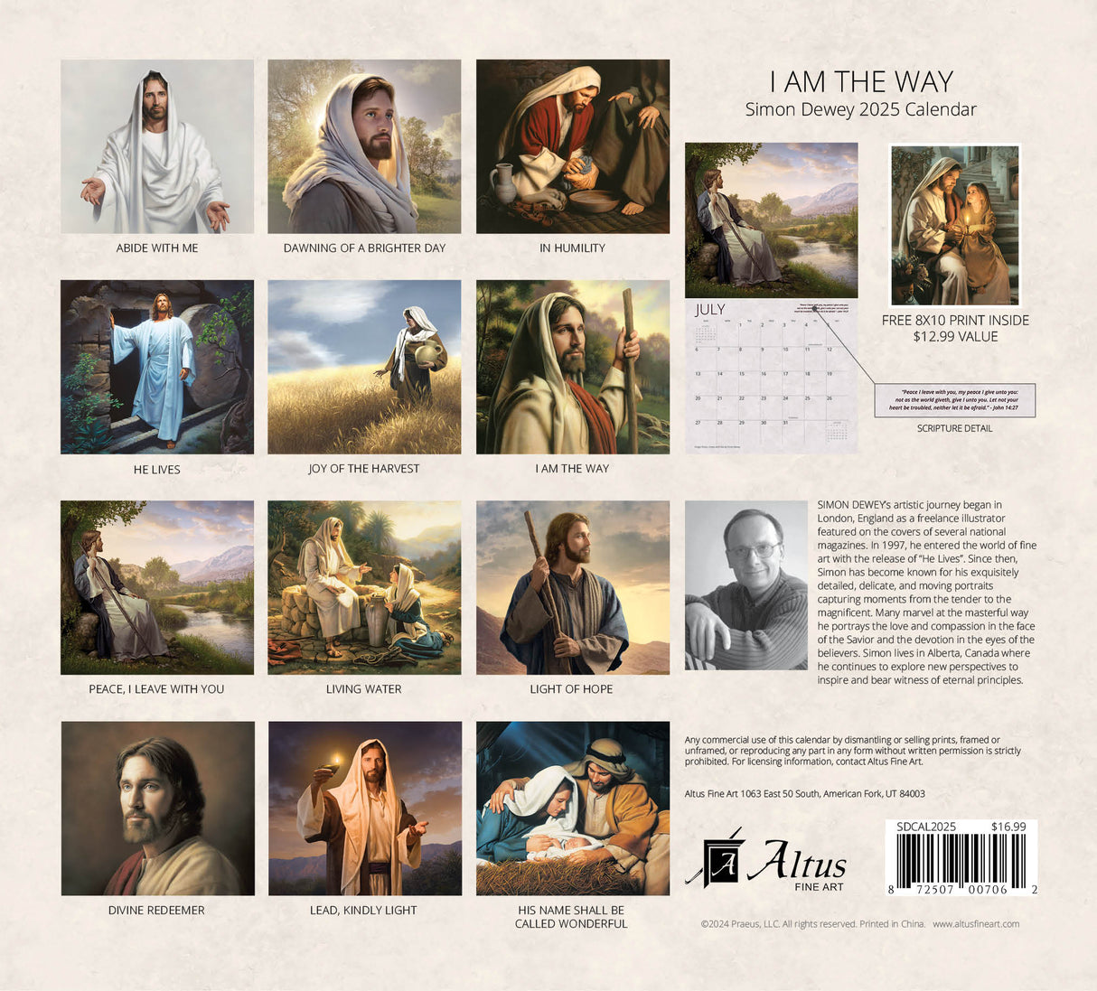 Back cover of the Simon Dewey 2025 ‘I Am The Way’ calendar featuring various artwork images of Jesus and a description of the artist.