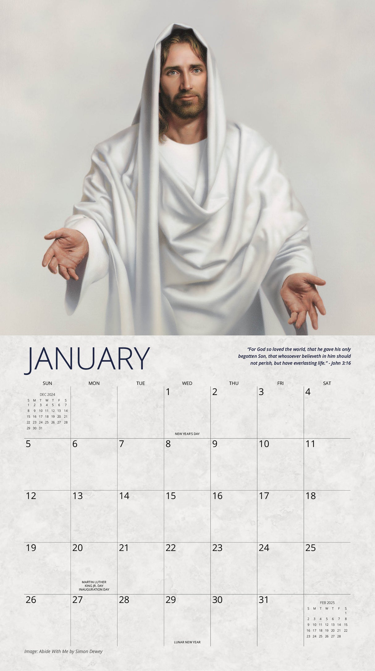 January page of ‘I Am The Way’ 2025 calendar featuring the artwork ‘Abide With Me’ by Simon Dewey, depicting Jesus with open arms.