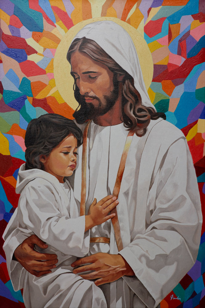 Jesus Christ with a child and a rainbow background.