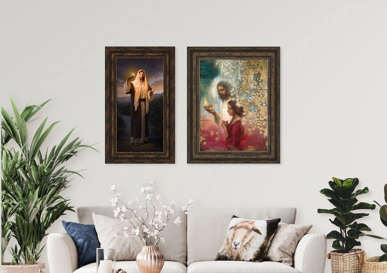 Christian Artwork featuring framed images of Jesus and the Holy Spirit displayed on a wall.