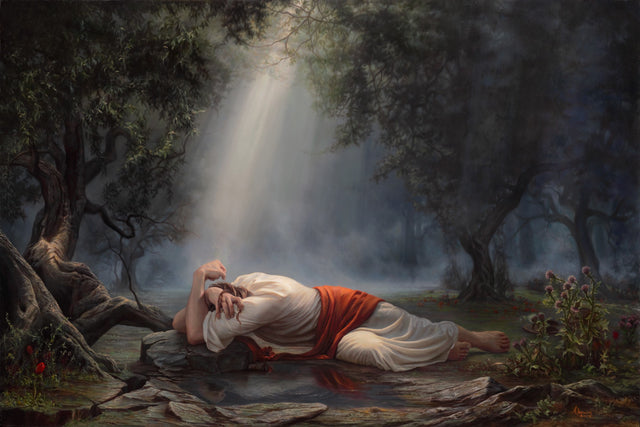 Jesus Christ laying on the ground suffering in the Garden of Gethsemane. 